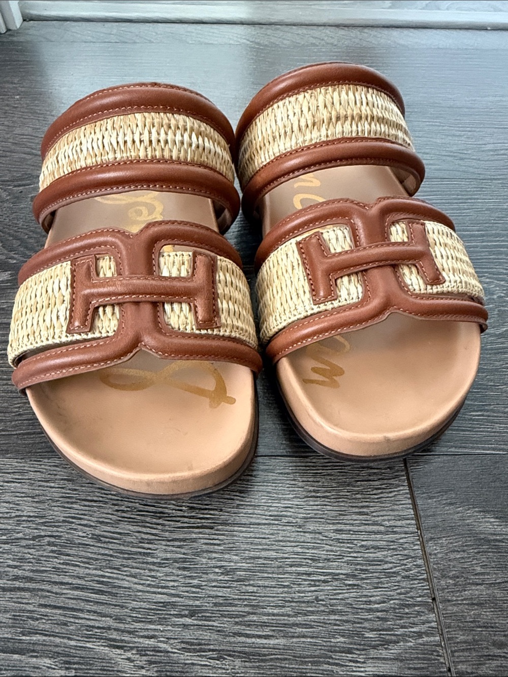 Sam Edelman Brown Raffia Double Strap Slide Sandals - Picture 4 of 5
